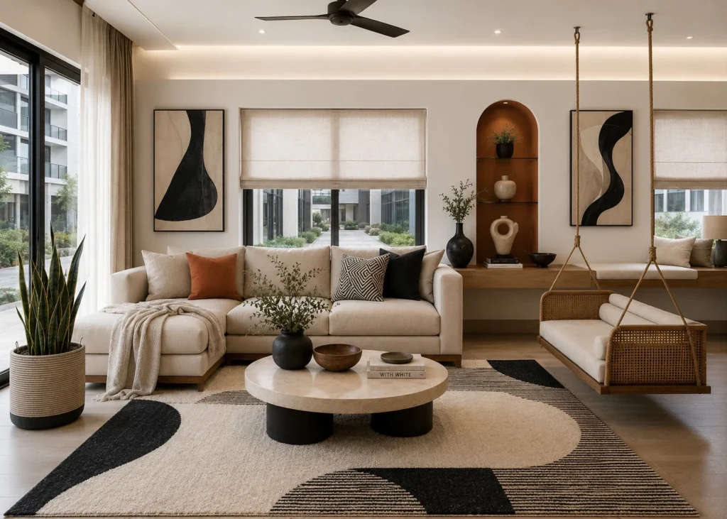 Organic Modern villa living room with neutral sofa, cane swing, timber shelving, indoor plants, abstract artwork and earthy accents.