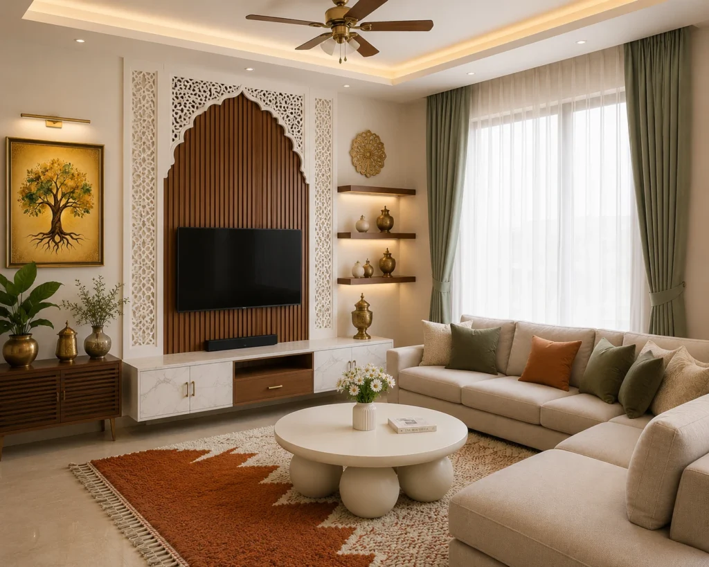 Heritage Contemporary villa living room with carved arch, jali panels, timber TV wall, brass décor and neutral sectional sofa.