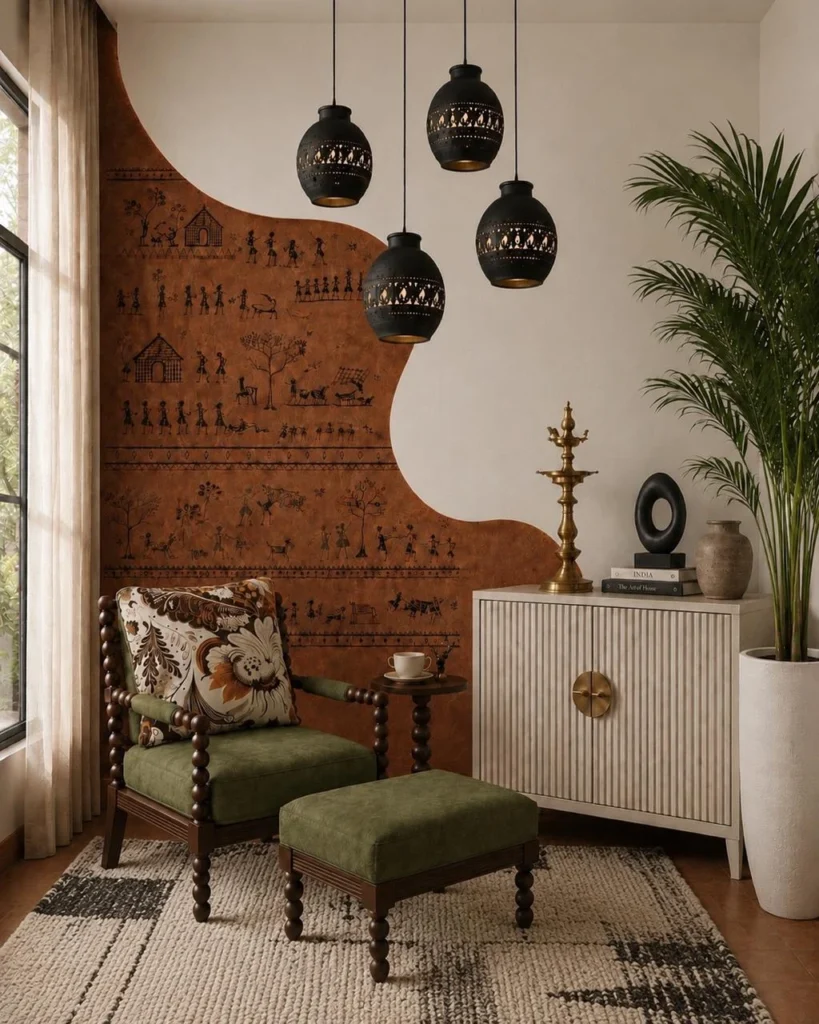 Heritage Contemporary reading nook with folk-art mural, turned-wood chair, brass lamp and textured neutral cabinet.