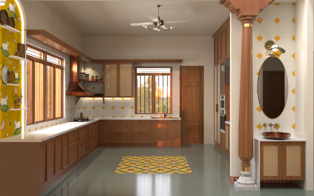 Indian heritage kitchen interior with wooden cabinets, cane shutters, patterned backsplash, large windows, copper basin wash area and traditional design details