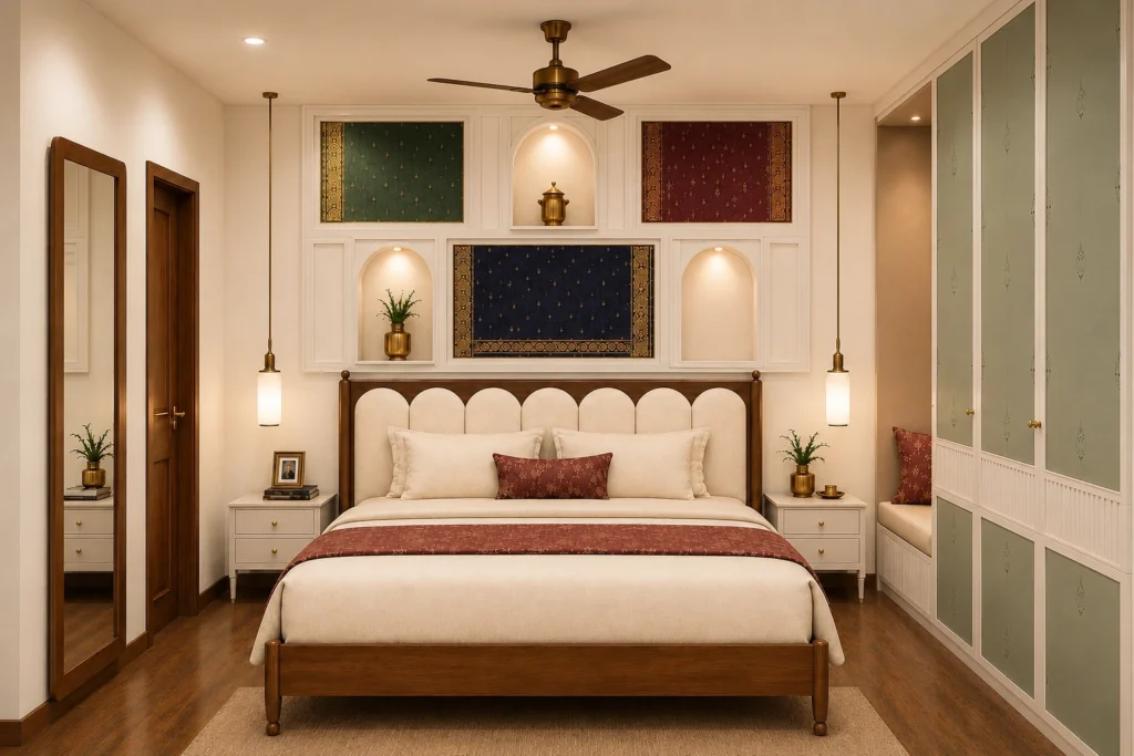 Heritage Contemporary bedroom with timber bed, arched upholstered headboard, framed Indian textiles and brass pendant lights.