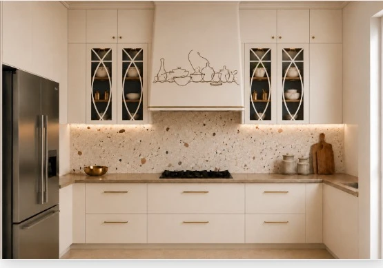Heritage Contemporary kitchen with cream cabinetry, patterned stone backsplash, glass-front cabinets and warm brass handles.