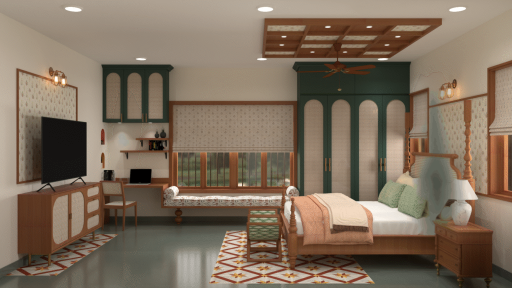 Modern Indian bedroom interior with green cane wardrobe, wooden four-poster bed, patterned wall panels, bay window seating, study table and heritage-inspired decor.
