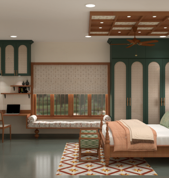 Modern Indian bedroom interior with green cane wardrobe, wooden four-poster bed, patterned wall panels, bay window seating, study table and heritage-inspired decor.