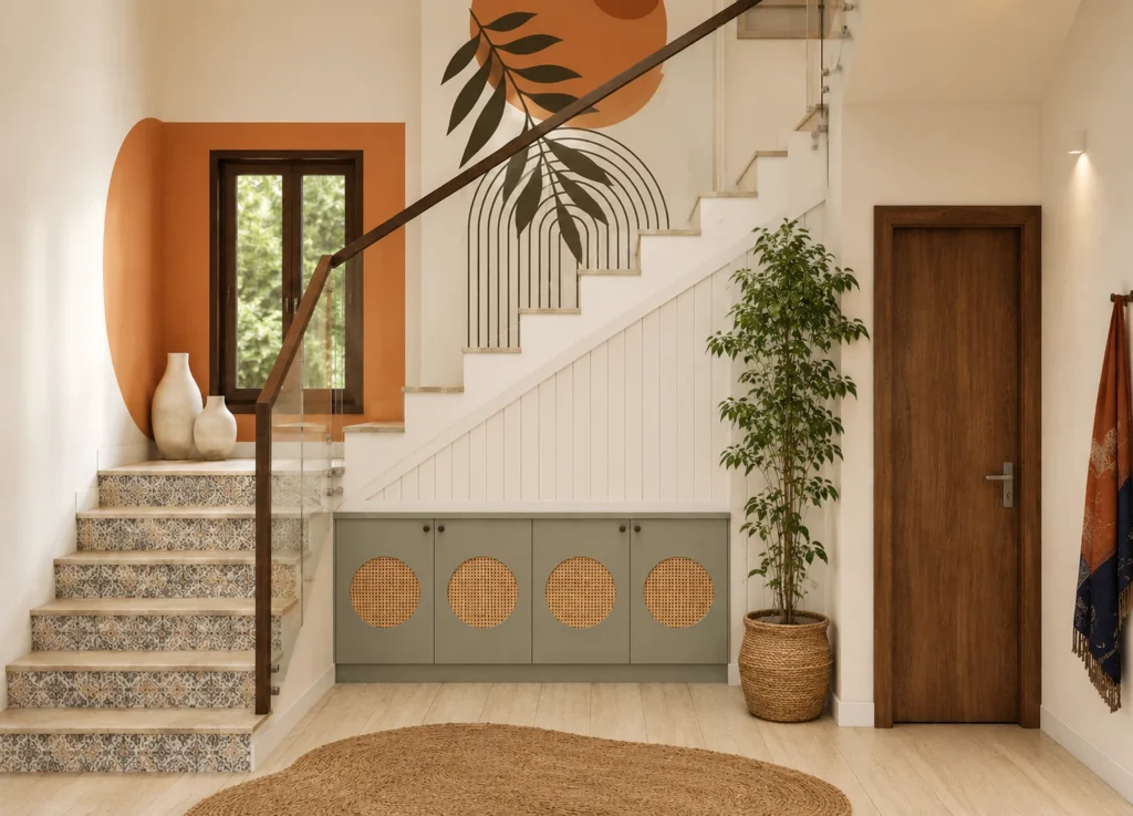 Bohemian villa staircase with patterned tile risers, cane-front storage cabinets, botanical wall mural and indoor plants.