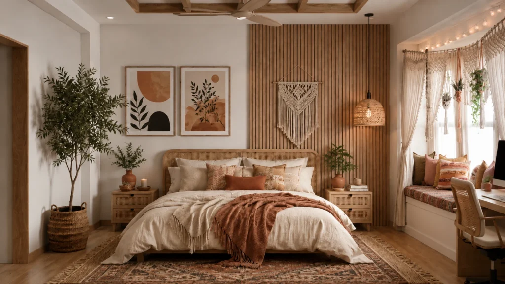 Luxury Bohemian bedroom with cane bed, timber feature wall, woven pendant, layered rugs and warm terracotta textiles.
