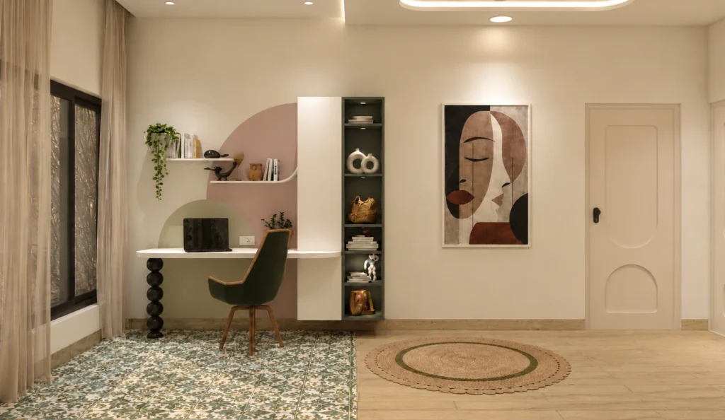Modern Bohemian home office with curved wall colours, patterned green flooring, open shelving and a sculptural study desk.