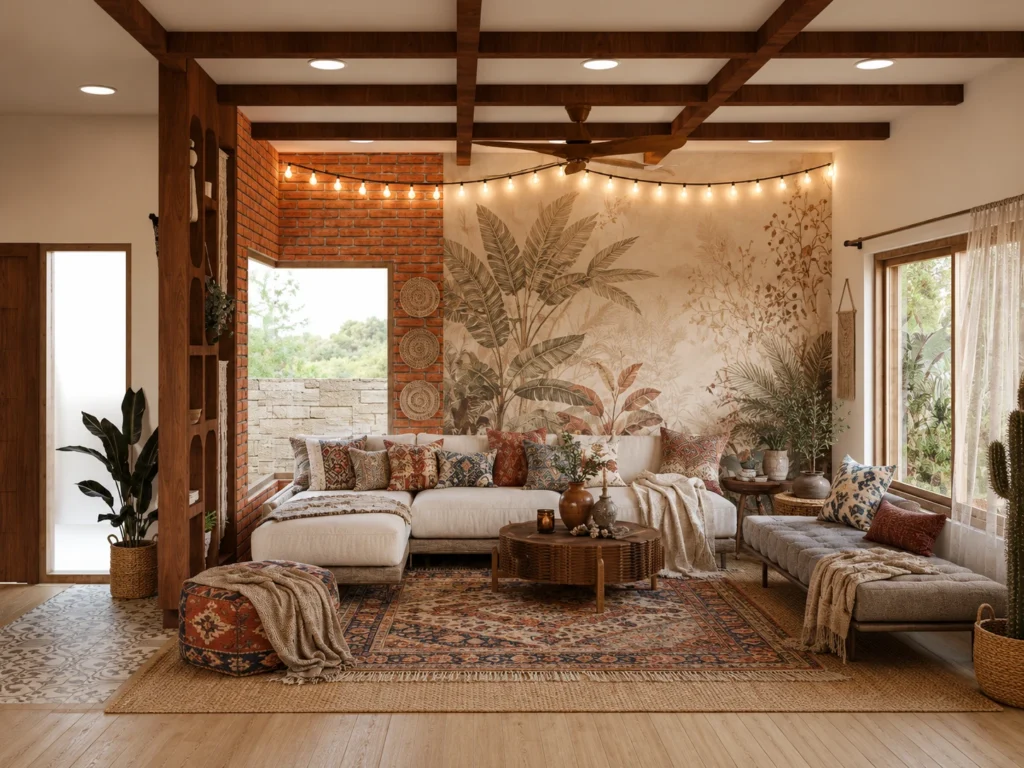 Luxury Bohemian villa living room with exposed brick, timber ceiling beams, botanical mural, patterned rugs and layered earthy cushions.