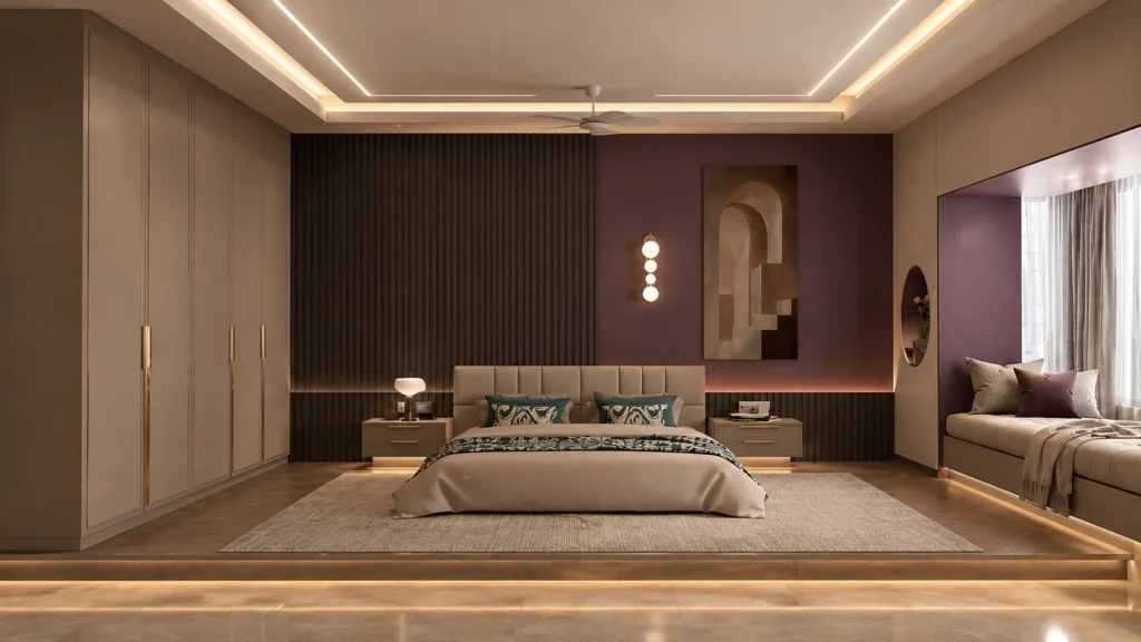 Modern Luxe villa bedroom with upholstered bed, fluted timber wall, plum accents, brass details and layered ambient lighting.