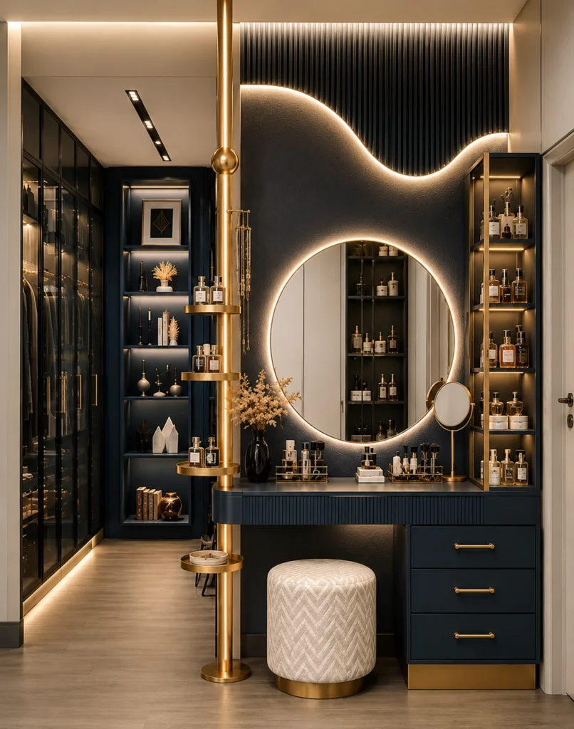 Modern Luxe dressing room with dark wardrobes, illuminated shelves, sculptural mirror, vanity desk and warm brass accents