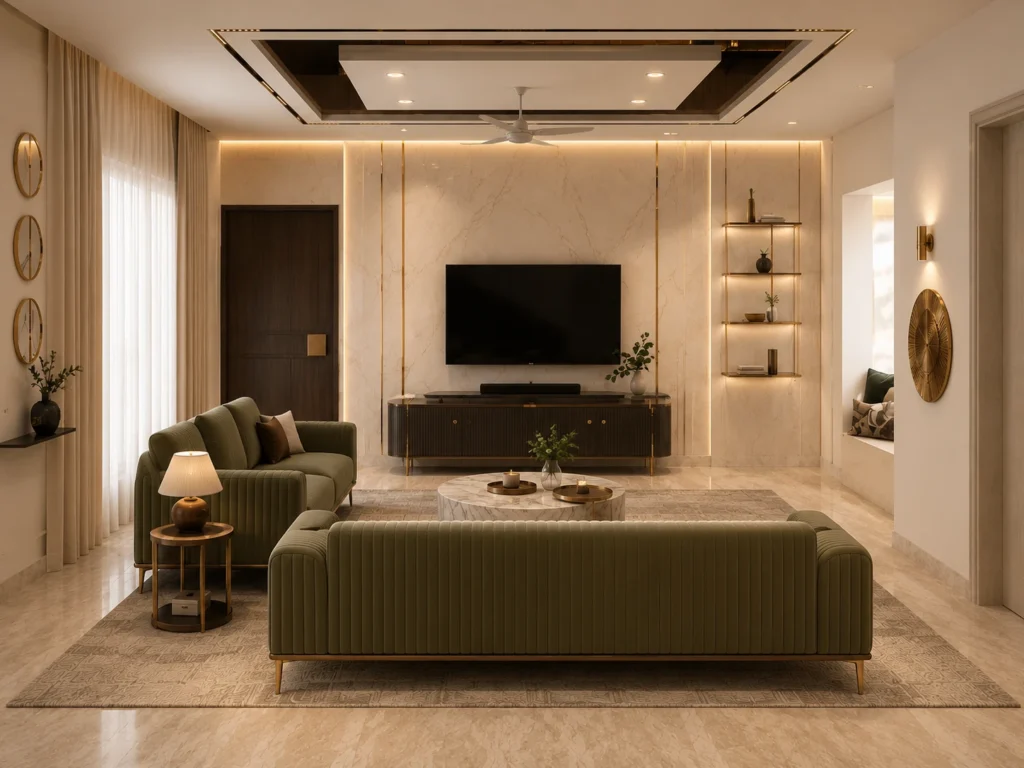 Contemporary luxury villa living room with marble television wall, dark timber panels, metallic accents and neutral upholstered seating.