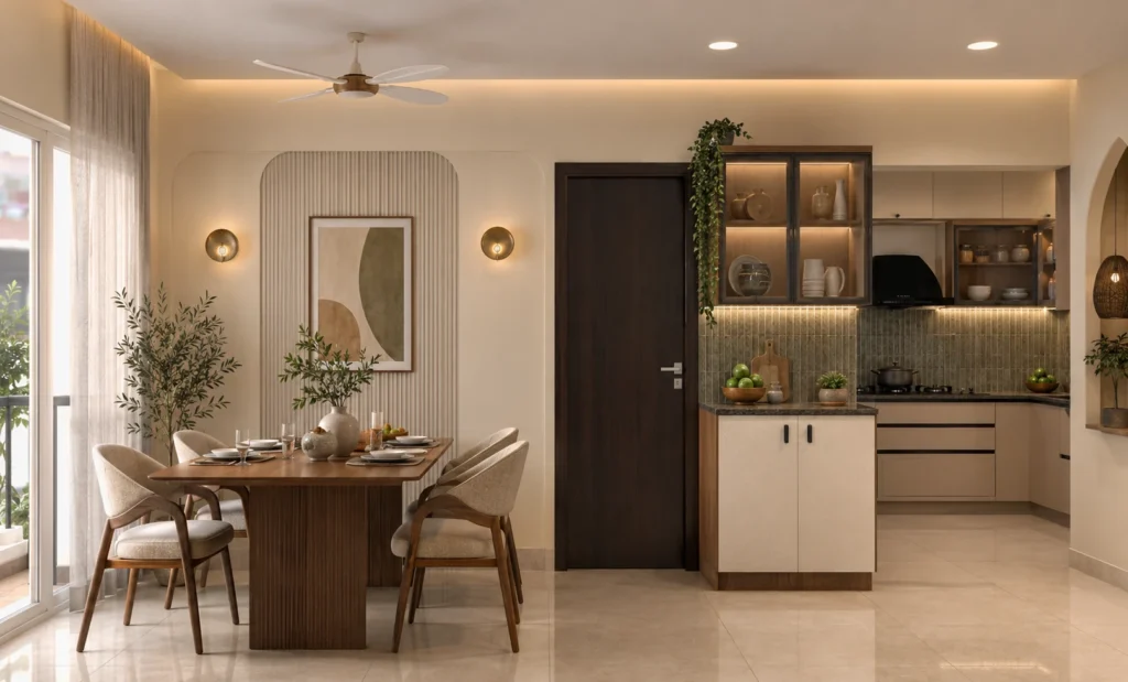 Organic Modern dining area with timber table, upholstered chairs, indoor plants, curved feature wall and open kitchen in warm neutral tones.