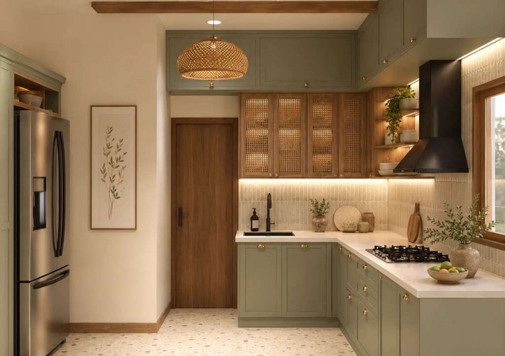 Organic Modern kitchen with sage green cabinets, timber and cane shutters, woven pendant light, brass handles and neutral worktop.