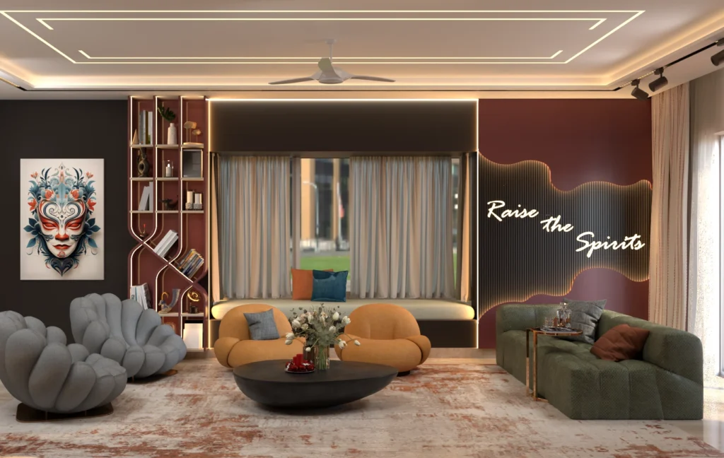 Artistic Modern Luxe lounge with curved sofas, burgundy feature wall, illuminated shelves, sculptural chairs and contemporary artwork.