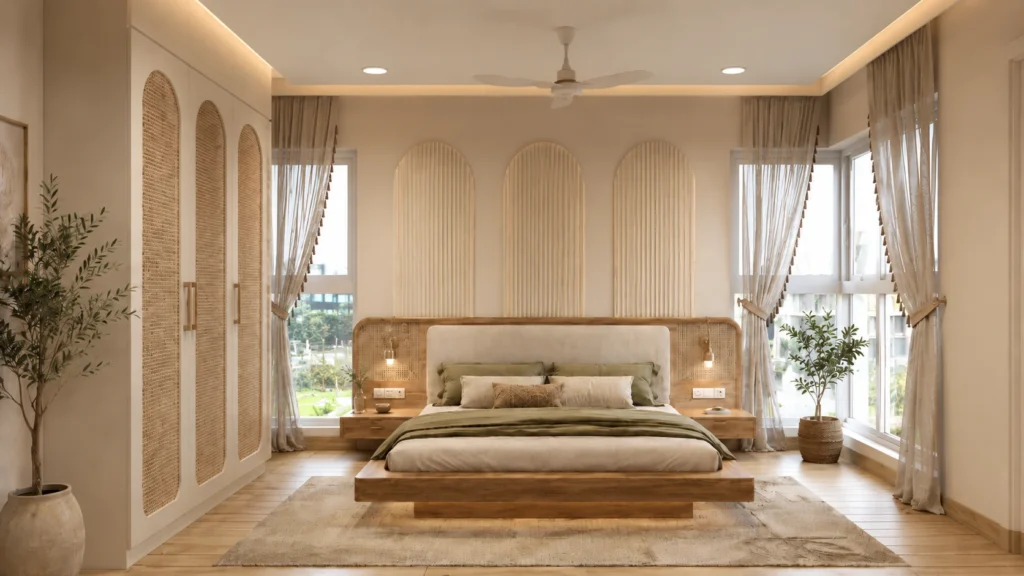 Organic Modern luxury bedroom with timber platform bed, cane wardrobes, arched wall panels, neutral fabrics and muted green bedding.