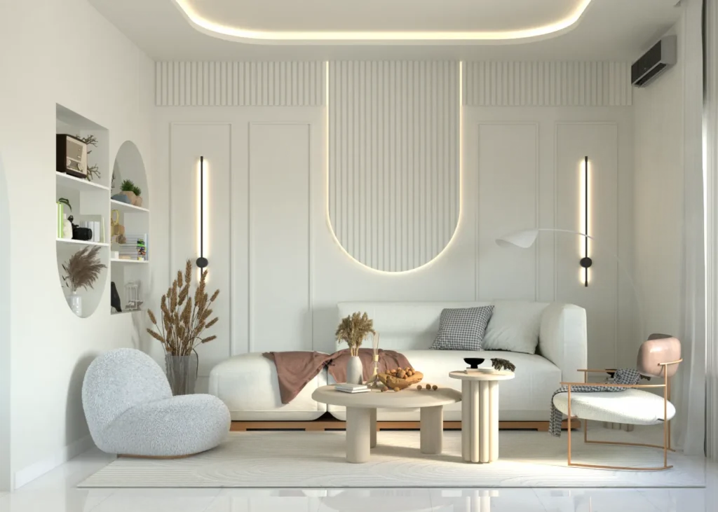 Modern Japandi living room with white sofa, fluted arched wall panel, warm LED lighting, curved chairs, open shelves and neutral décor.