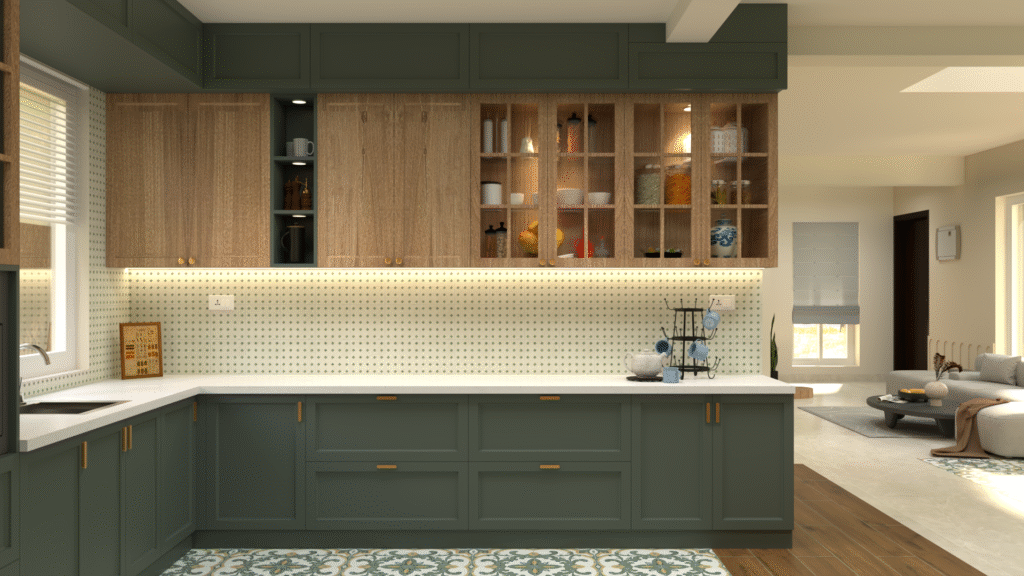 Classic contemporary sage green kitchen with wooden cabinets, glass display shutters, patterned backsplash, brass handles, and Bangalore villa interiors.