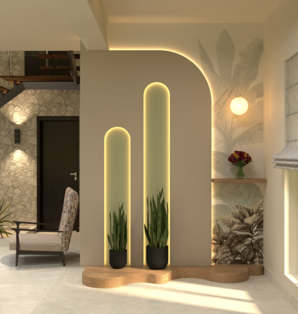 Entry foyer wall with backlit arched niches, indoor plants, curved wooden platform, botanical wall mural, round wall light, stone-textured background, and warm neutral interiors.