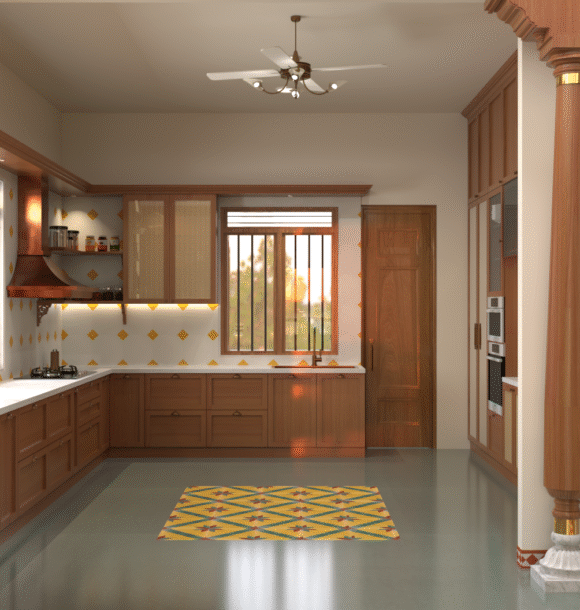 Traditional kitchen with wooden cabinets, white countertops, patterned yellow wall tiles, large windows, cane shutters, decorative column, and sink area with oval mirror.