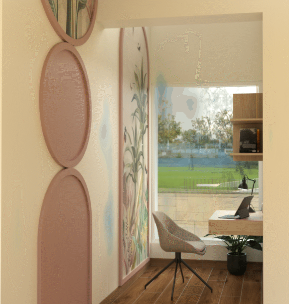 Nature-inspired workstation with floating wooden desk, botanical wall panel, terracotta circular wall accents, large window, open shelves, study chair, indoor plant, and wooden flooring.