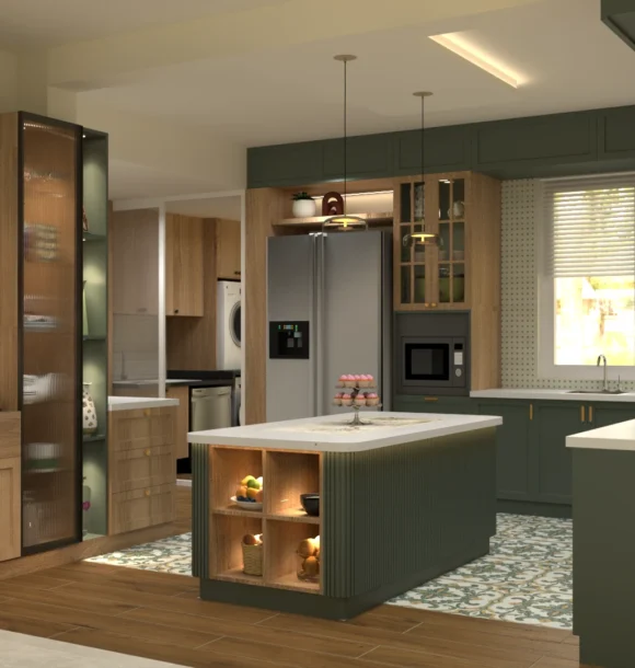 Modern island kitchen with sage green cabinets, wooden finishes, fluted island counter, white countertops, patterned floor tiles, glass cabinet shutters, pendant lights, refrigerator, and large window.