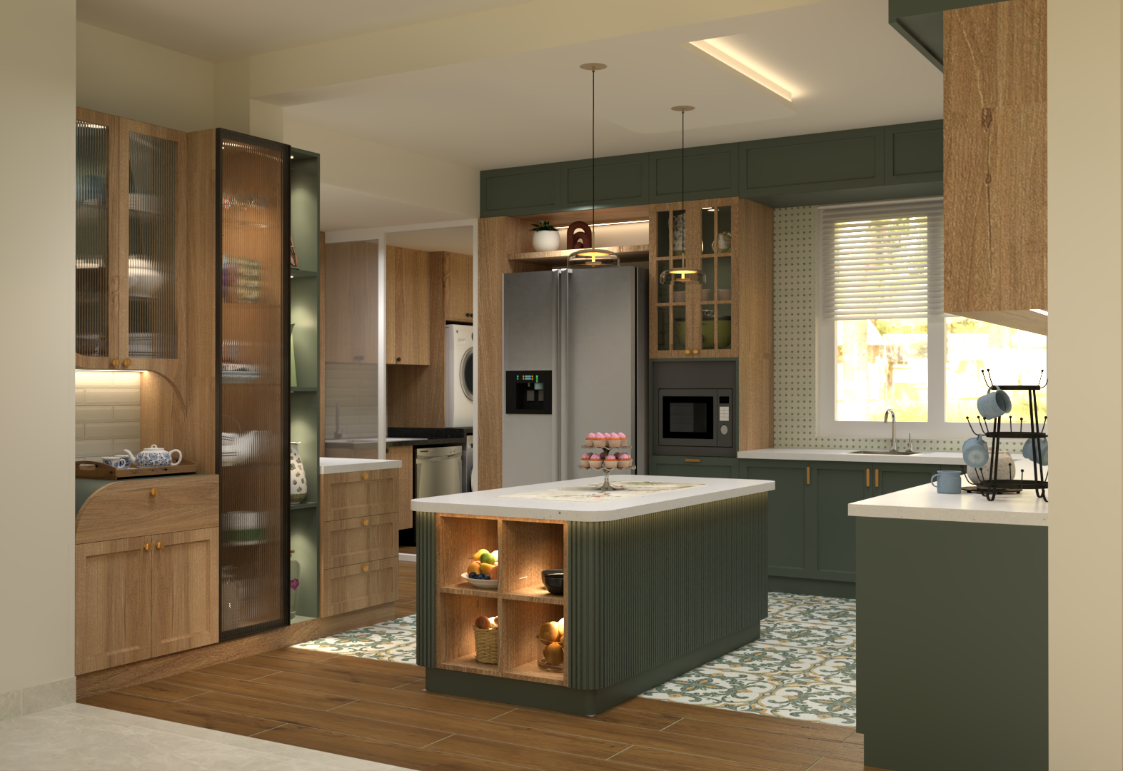 Kitchen island with sage green cabinetry, warm timber storage, patterned flooring and pendant lighting.
