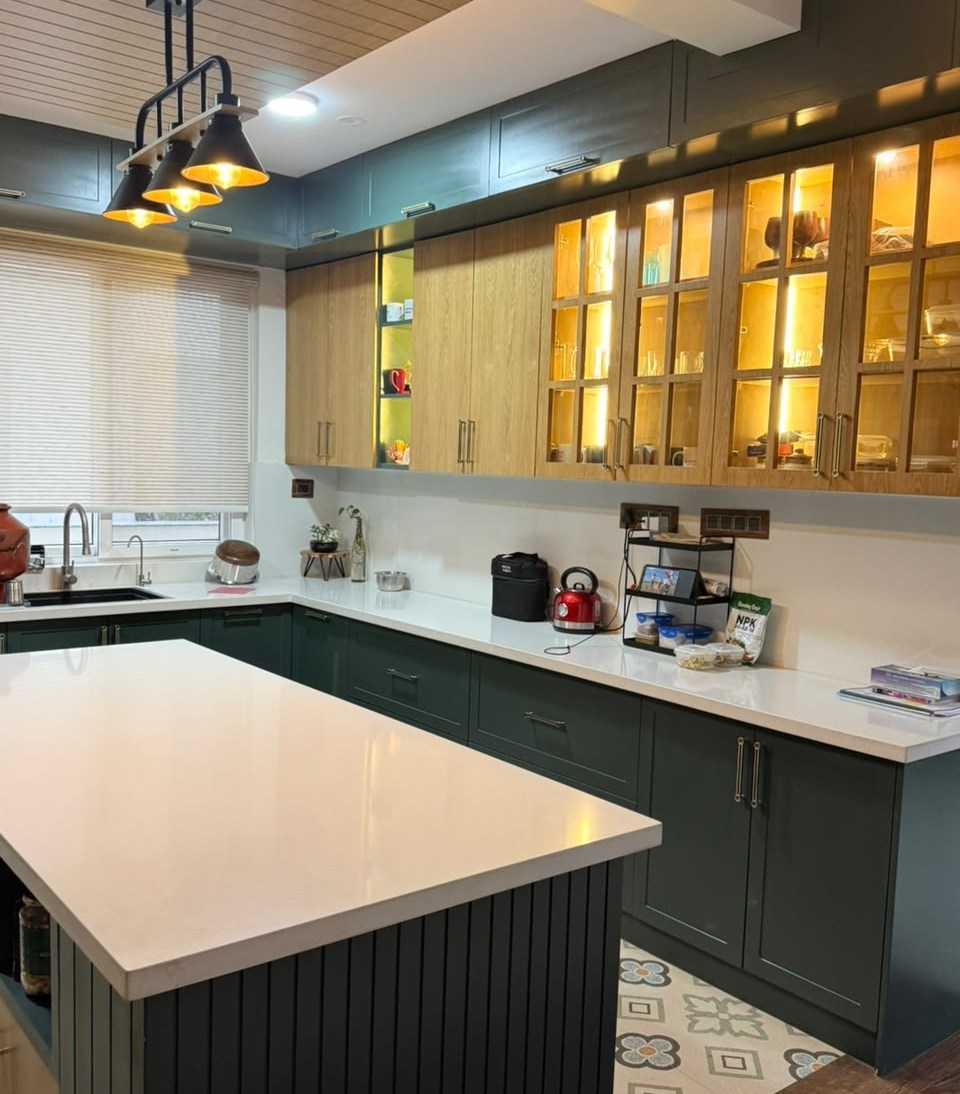 Completed Azven Breathe green kitchen cabinetry
