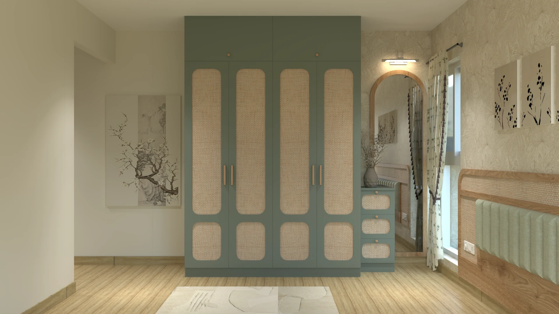 3 BHK bedroom with cane-front wardrobe, upholstered bed and warm neutral interiors