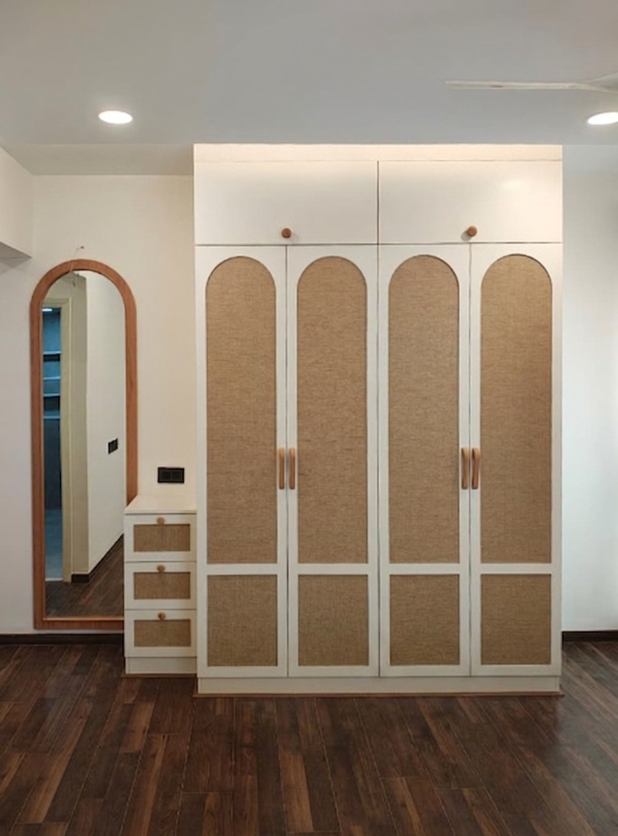 Modern Japandi living room at SJR Watermark 3BHK apartment in Bengaluru