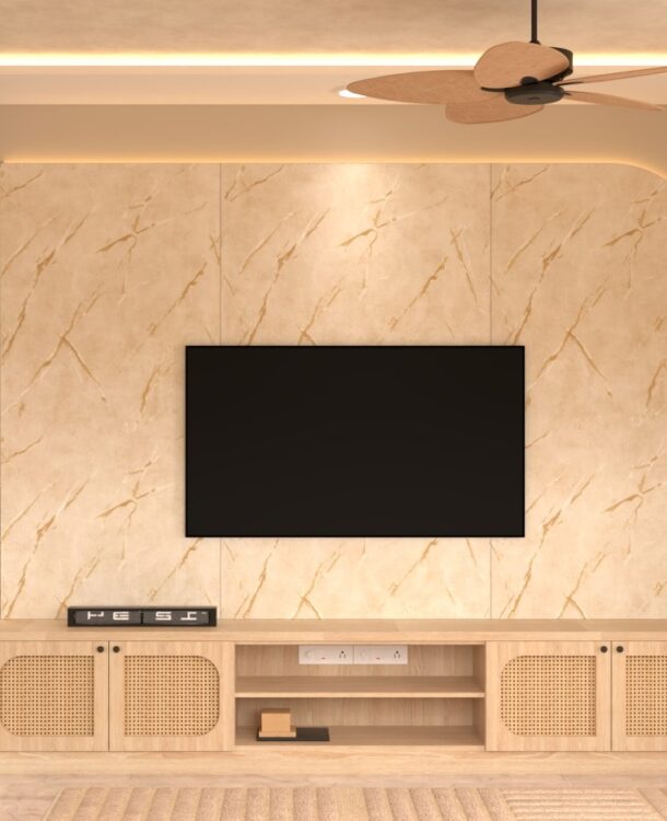 Trifecta Verde En Resplandor neutral living room TV wall.