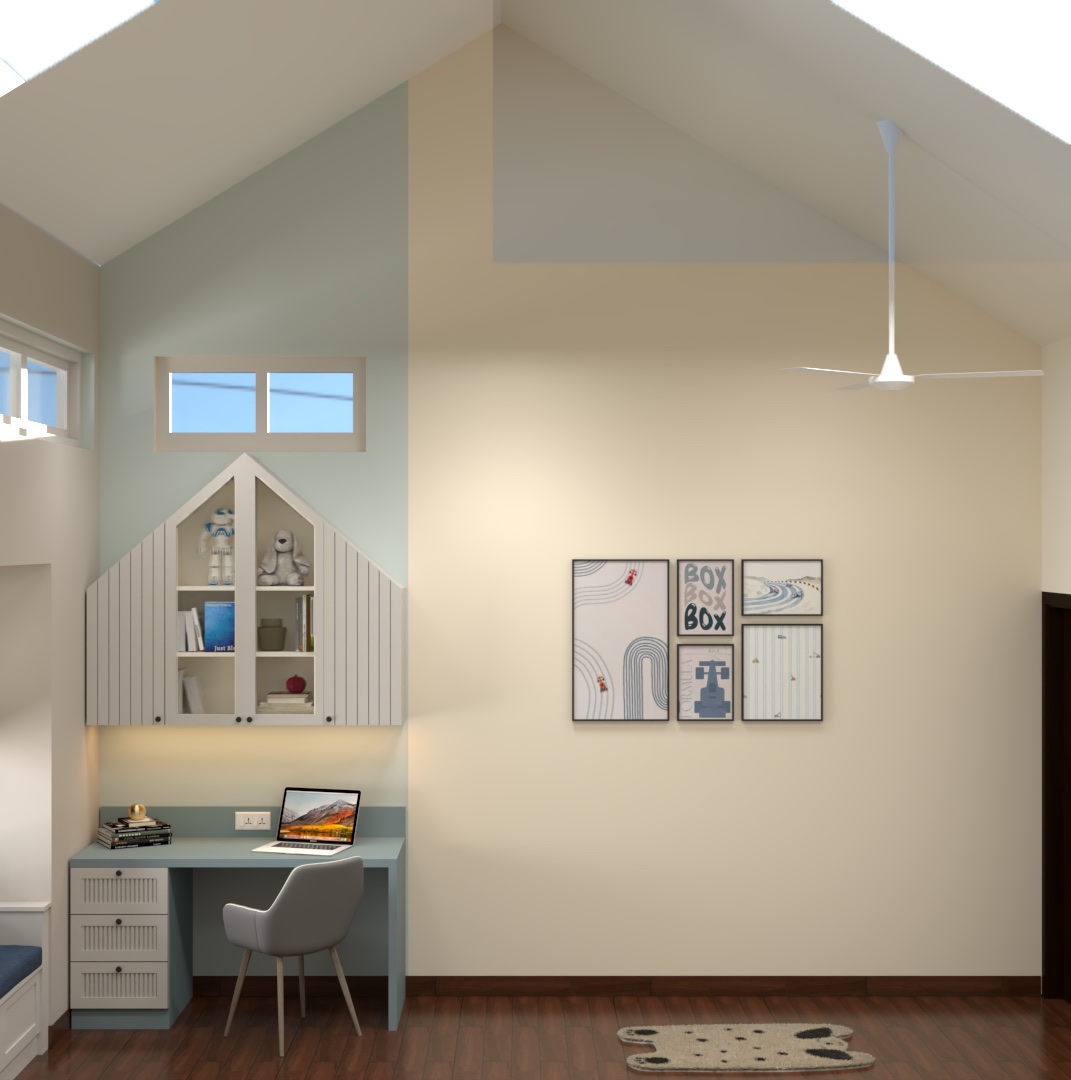 Design visualisation of a child’s study wall with desk and storage