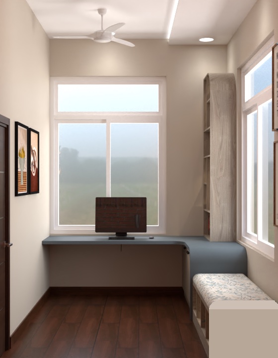 Design visualisation of a villa home-office workstation and display cabinetry