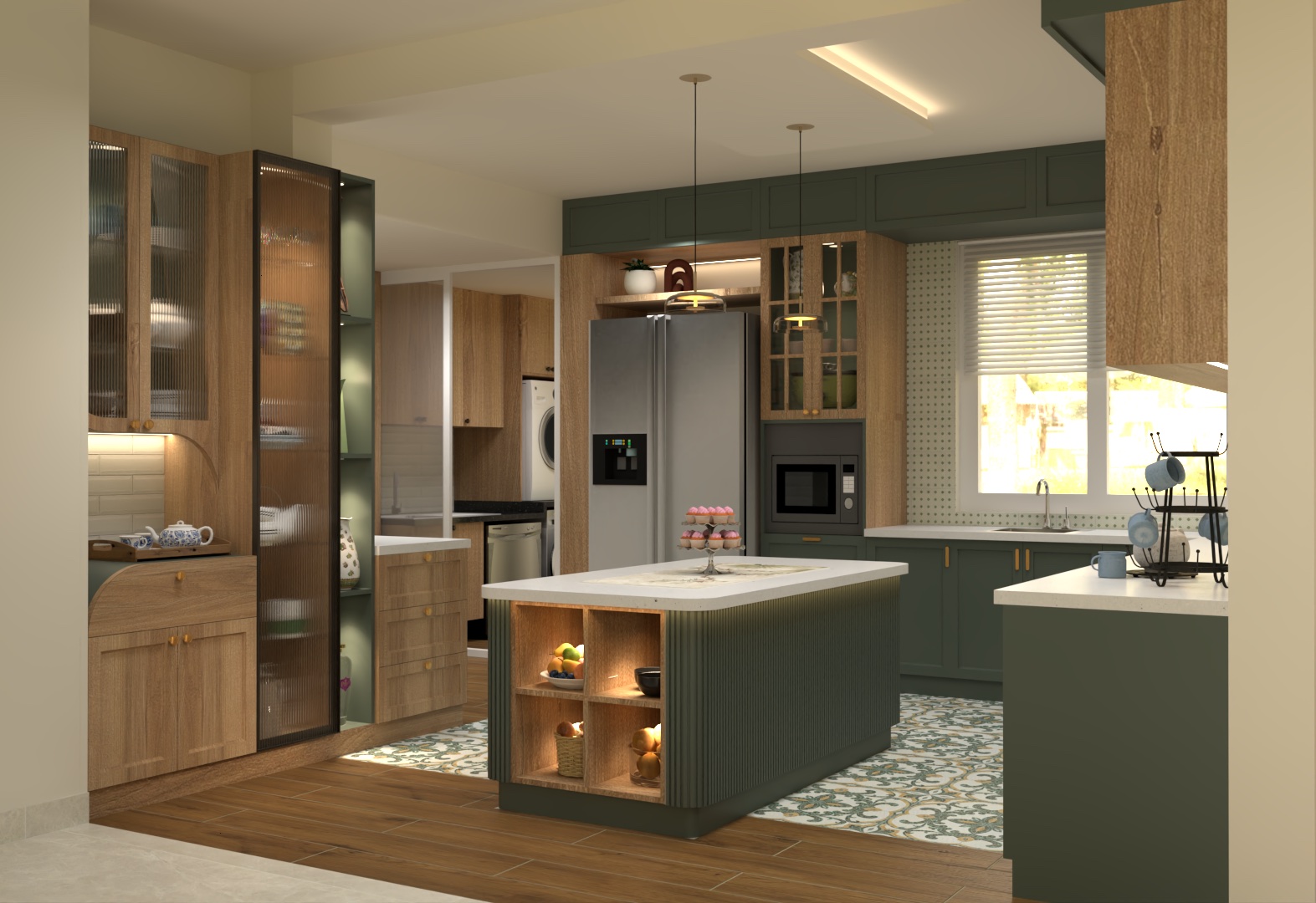 Design visualisation of a villa kitchen island, green cabinetry and patterned floor