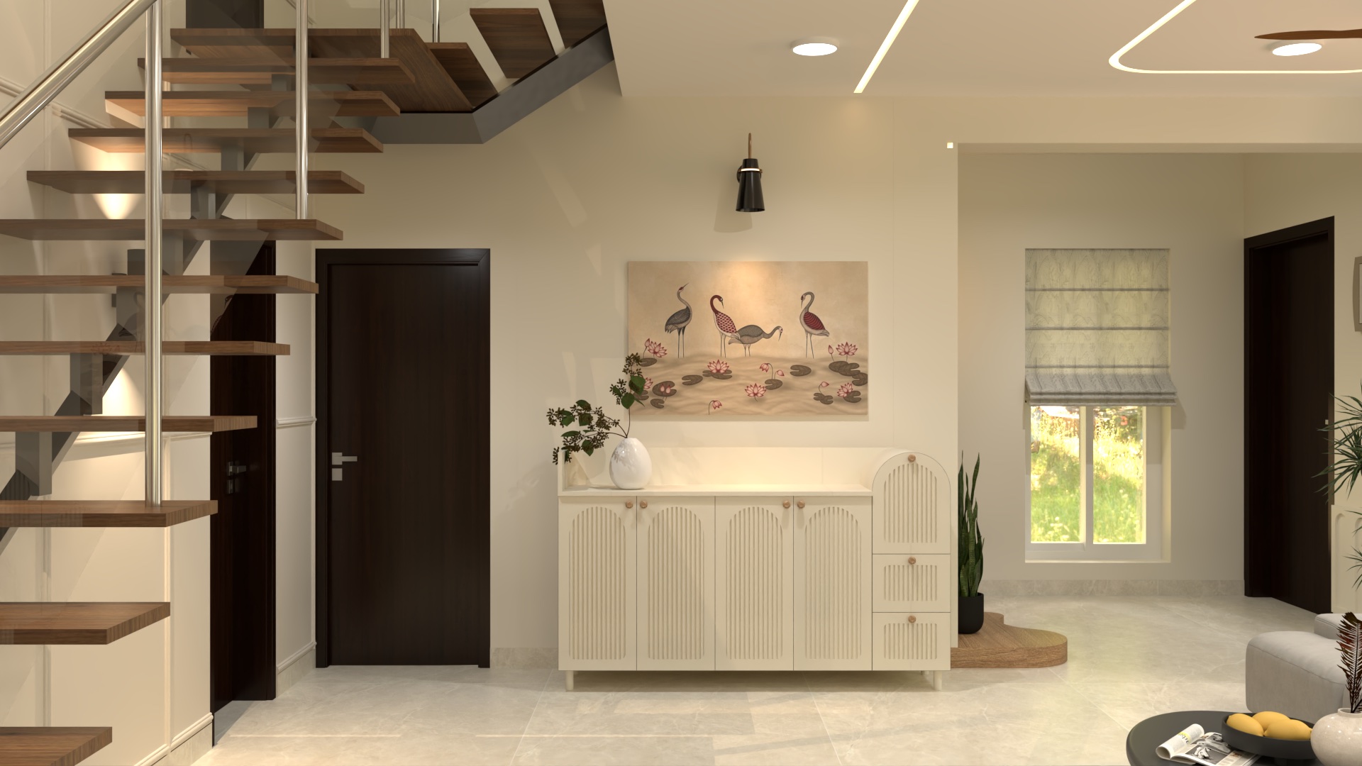 Design visualisation of a villa living room console and nature-led decorative details