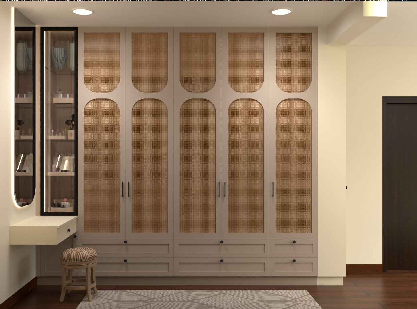 Design visualisation of a villa master bedroom wardrobe and dressing passage