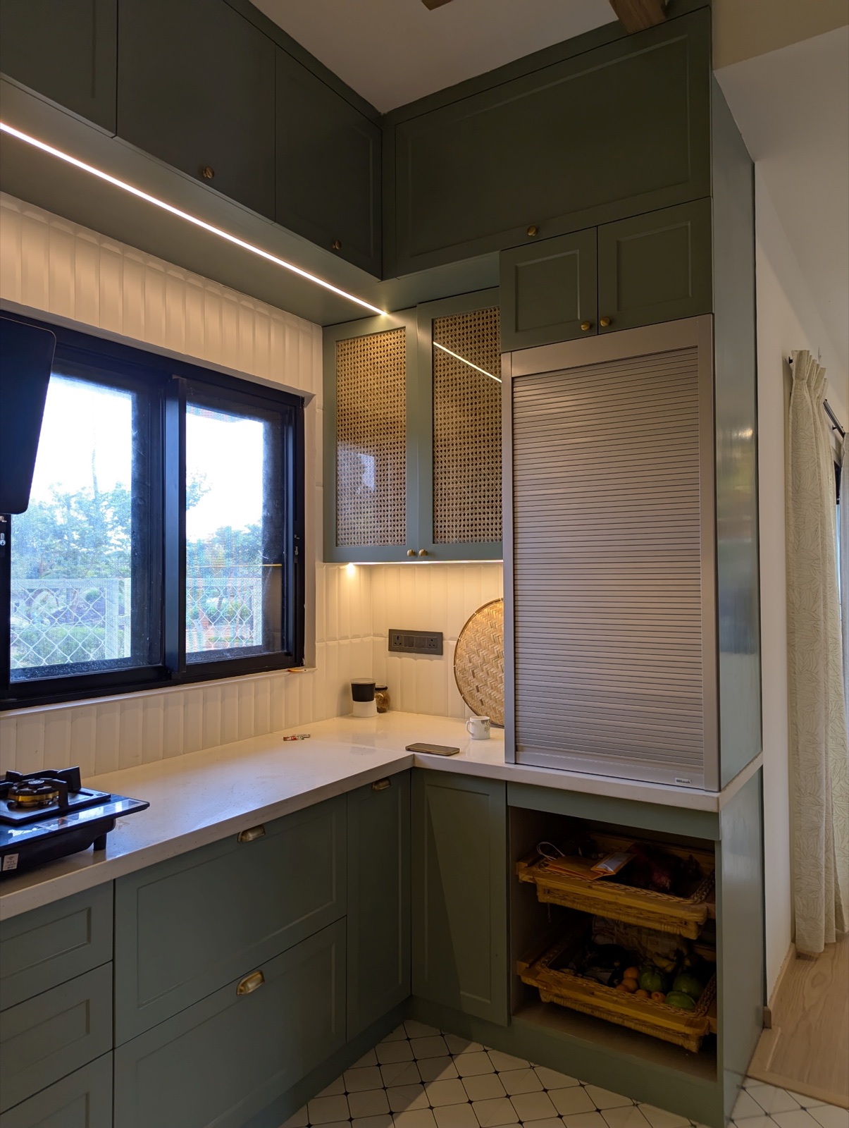 Completed interior: Kitchen rolling-shutter storage