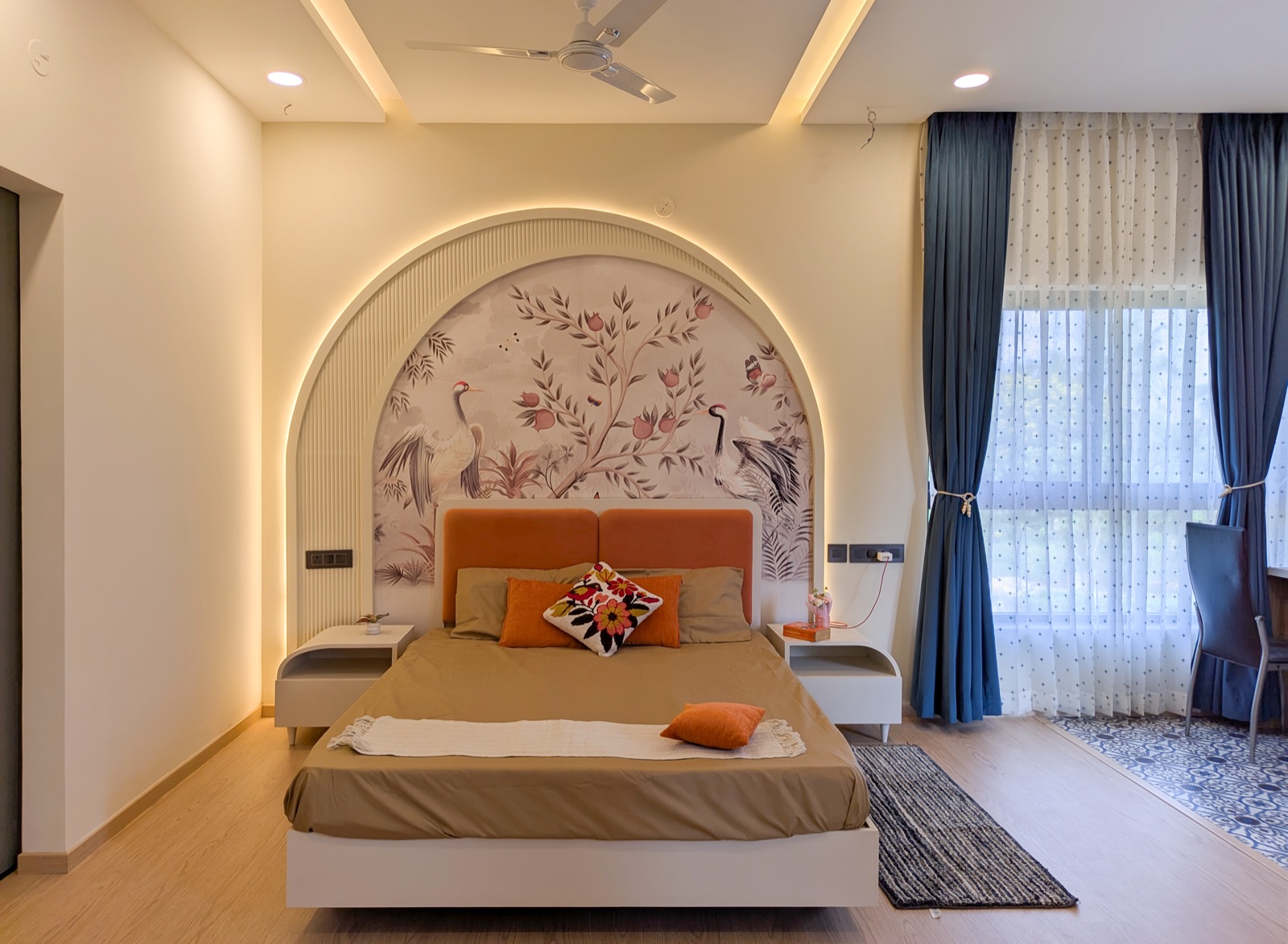 Completed interior: Primary-bedroom bed wall