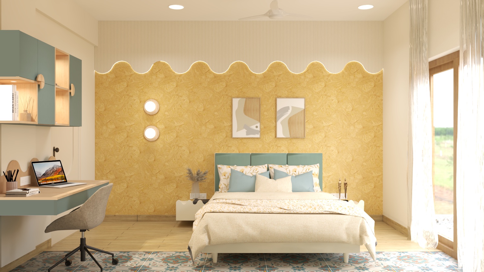 Design proposal: Blue-and-ochre bedroom