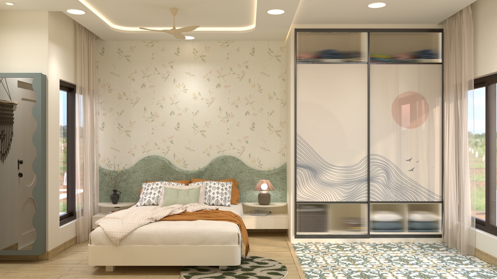Design proposal: Green-and-blush bedroom