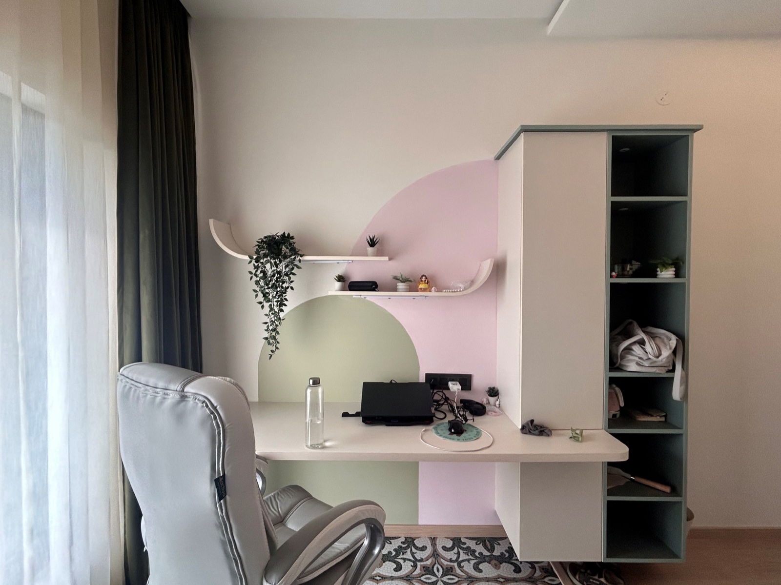 Completed interior: Green-and-blush work corner