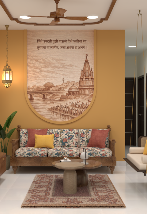 Rendered living room with floral wooden sofa, indoor swing, temple mural wall, mustard accent wall, TV unit, rug, and traditional ceiling trim.